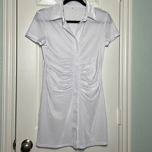 White Button Down Ruched Collared Dress